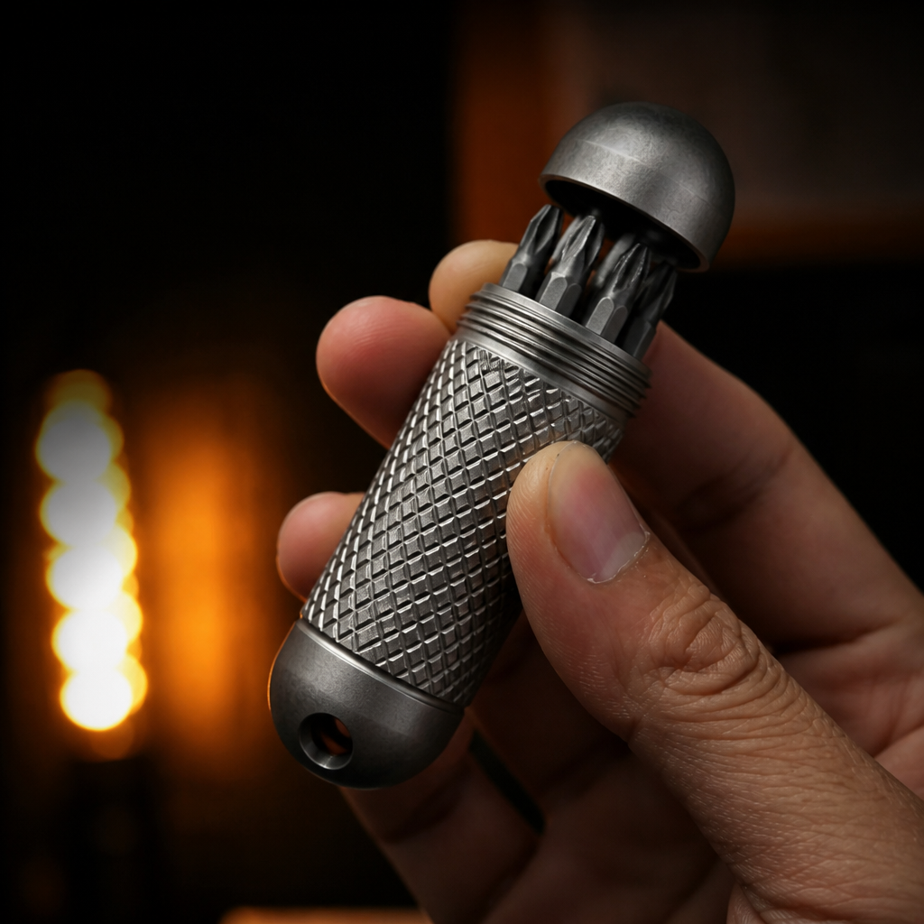 Titanium Damascus EDC Bit Holder | 5-Bit Pocket Carry Tool