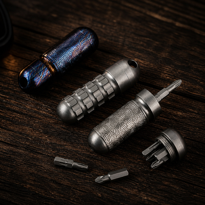 Titanium Damascus EDC Bit Holder | 5-Bit Pocket Carry Tool