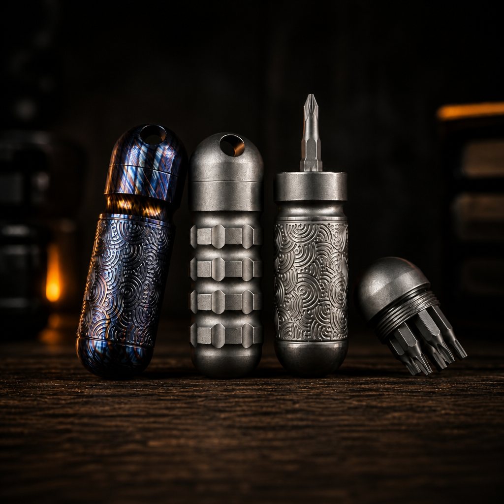 Titanium Damascus EDC Bit Holder | 5-Bit Pocket Carry Tool
