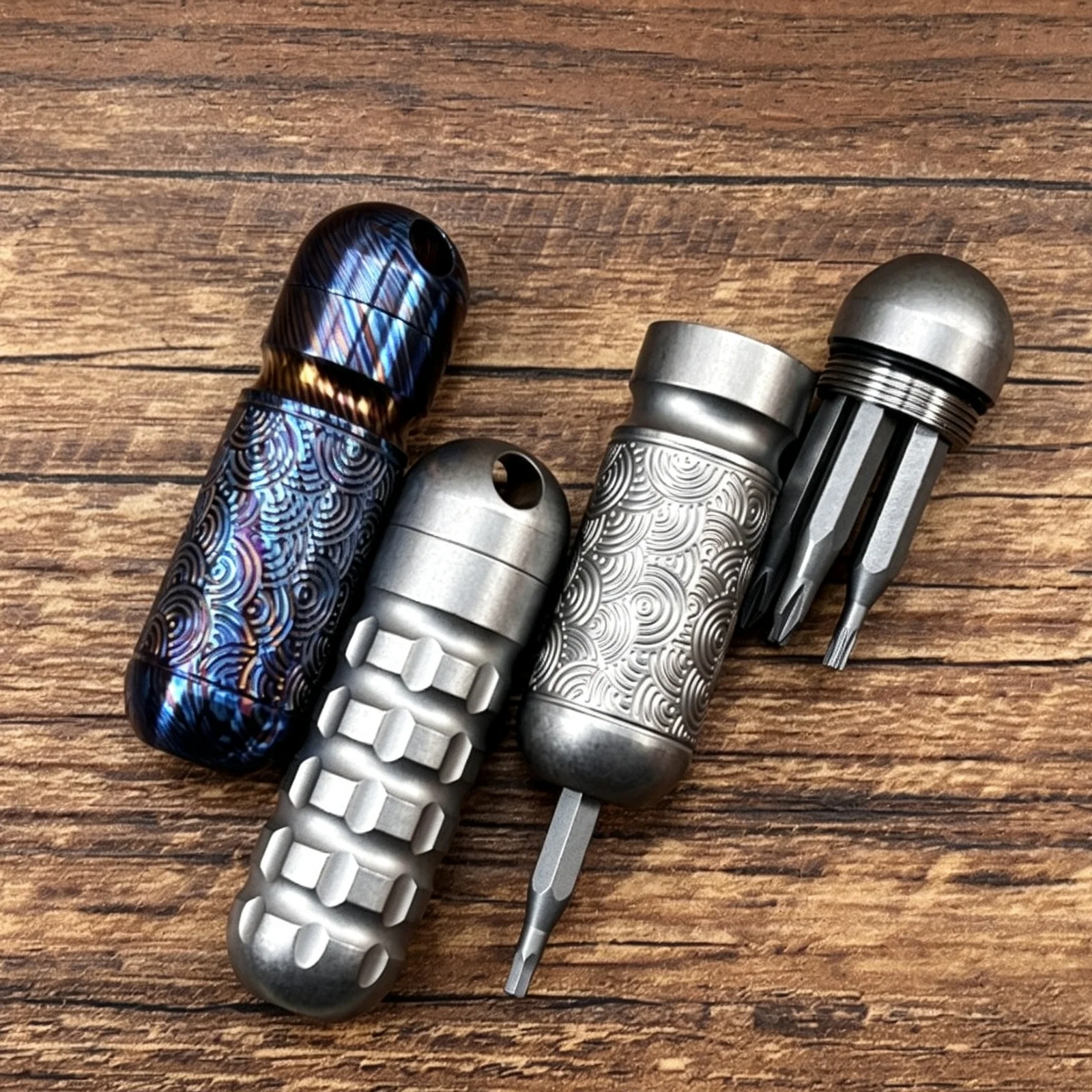 Titanium Damascus EDC Bit Holder | 5-Bit Pocket Carry Tool